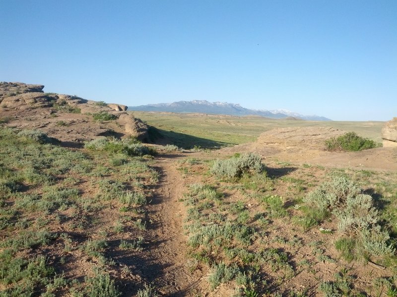 The low point in the "rock garden" with Carter Mountain in the background. On the return, you'll ride down the rocks on your left and cross over this trail.