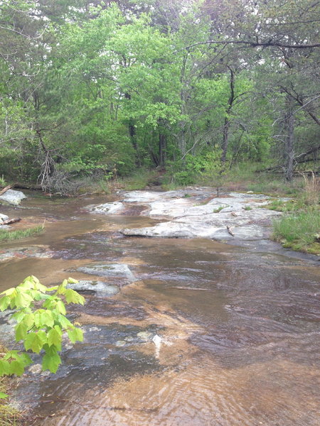Favorite creek crossing, just solid rock, fun dry or wet.  Oblique angle across, be sure to find the diamond blaze pointed on the rock to stay in the right direction.