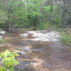 Favorite creek crossing, just solid rock, fun dry or wet.  Oblique angle across, be sure to find the diamond blaze pointed on the rock to stay in the right direction.