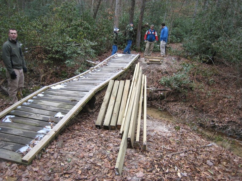 The Bridge Too Far replacement. Originally just two white oaks lain across the creek so the trail building machine could cross. The closest we can get to it by boat still requires about a two mile hike.
