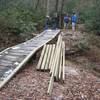 The Bridge Too Far replacement. Originally just two white oaks lain across the creek so the trail building machine could cross. The closest we can get to it by boat still requires about a two mile hike.