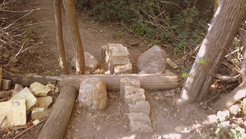 Entrance/qualifier rock obstacle to optional X section loop; the raised skinny bridge follows this; west loop, Carver Lake MTB trail