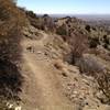 Narrow trail wrapping around the hillside overlooking the city