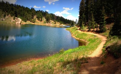 Nice flowy sections of trail are common around one of the many fingers of the reservoir.