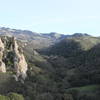 View up Pine Canyon. The ridge at the end is BBQ terrace. Stage Road heads right along the line of trees up the middle. Awesome climbing on the Rocks to the left. (http://www.mountainproject.com/v/pine-canyon/105734096)