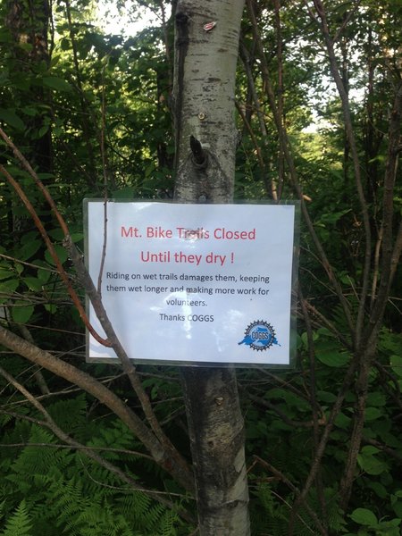 If you see this sign be aware that the trails are truly to wet to ride.  The clay soils when wet are super slippery and easily eroded.