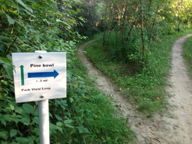 Sign indicating turn for Pine Bowl loop.