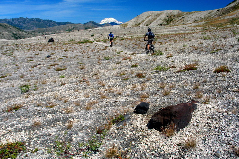 Surfing the pumice fields on the way to the Plains of Abraham Trail at the base of Mt. St. Helens.