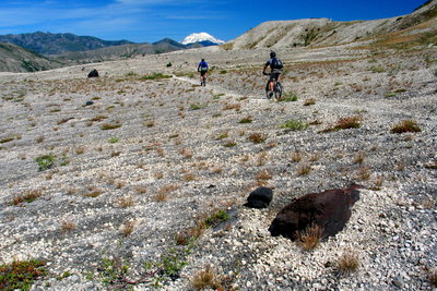Surfing the pumice fields on the way to the Plains of Abraham Trail at the base of Mt. St. Helens.