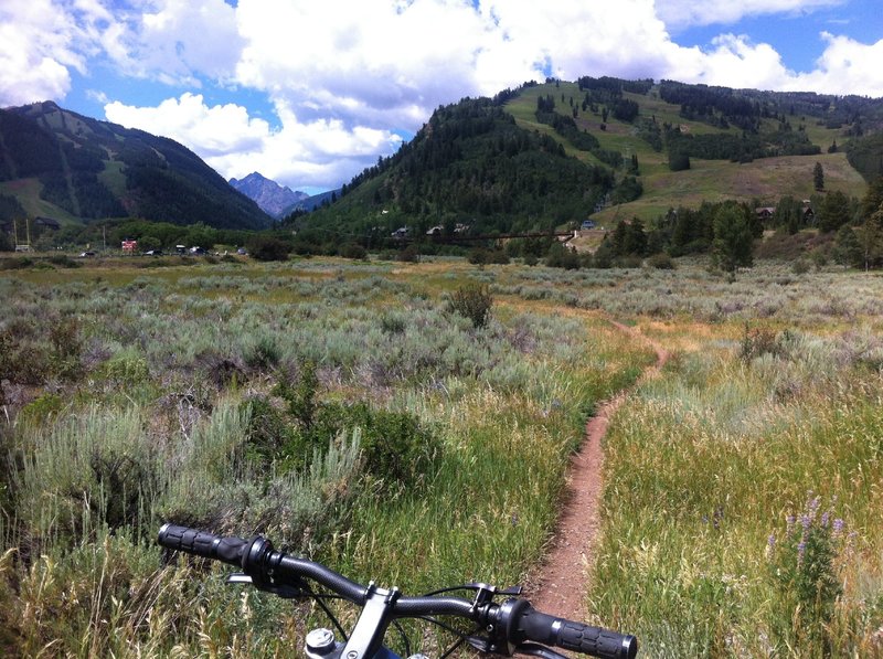 View from Moore Open Space trail, looking southwest.  Left to right: Aspen Highlands, Pyramid Peak, Buttermilk Mountain (Tiehack side).