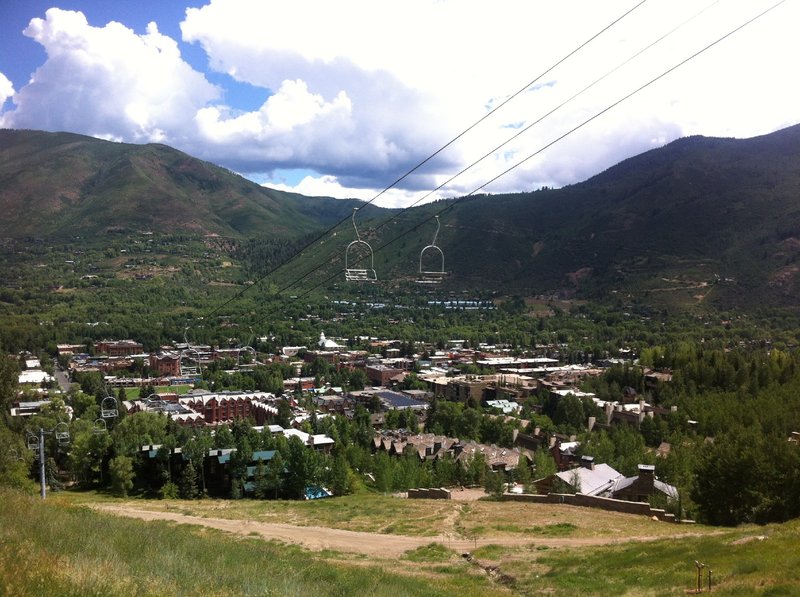 View of downtown Aspen from Ajax Trail.  You can see the popular Smuggler Mt. Rd. traversing up towards the Hunter Creek valley just to the right of the Lift 1A chairs.
