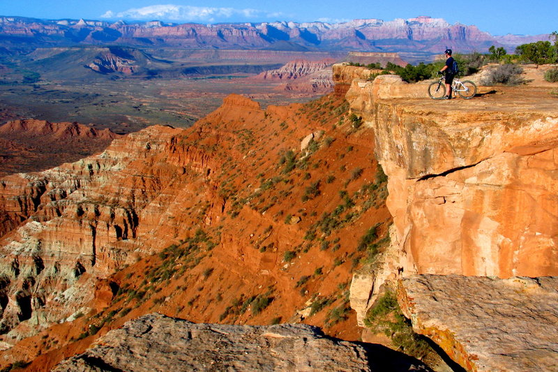 Checking out the views of distant Zion National Park from the north rim of Gooseberry Mesa.