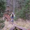 18 inches wide with an 8 inch skinny, No Hands Bridge extends over 100 feet across a bog and beaver channel adjacent to Hildebrand Lake.