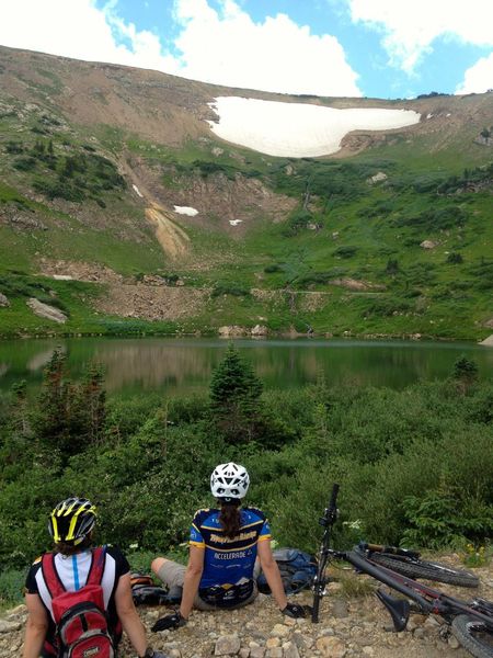 Yankee Doodle Lake, with the next switchback just above that snowfield.