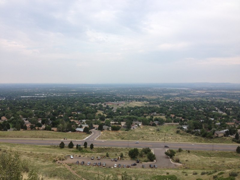 A view of the metro area and the trailhead with the trail just climbed disappearing at the bottom of the photo