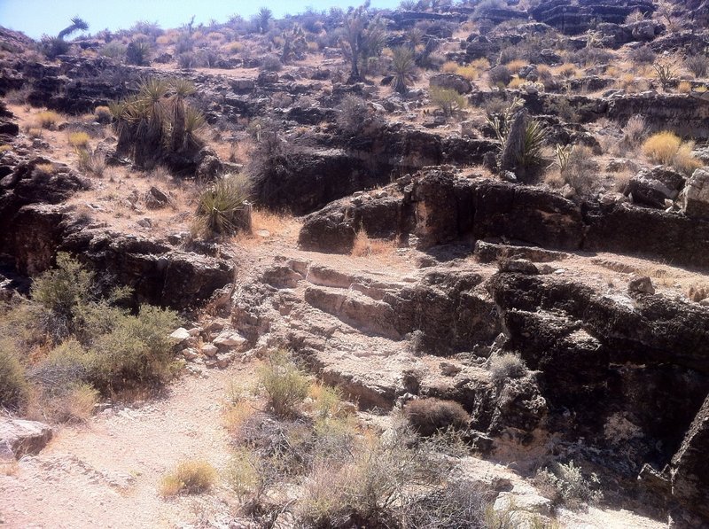 The trail seemingly ends at the bottom of this wash. Climb up & right.