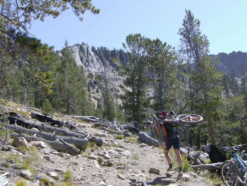 Short hike a bike after turning away from Fourth of July Lake on the climb to Antz Basin.