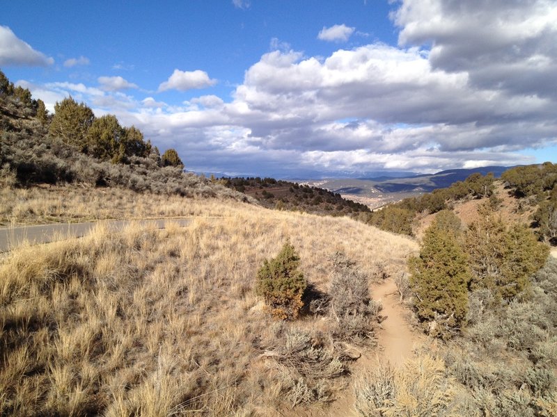 Mayer Gulch trail at intersection with paved trail.  Looking north towards the town of Eagle.