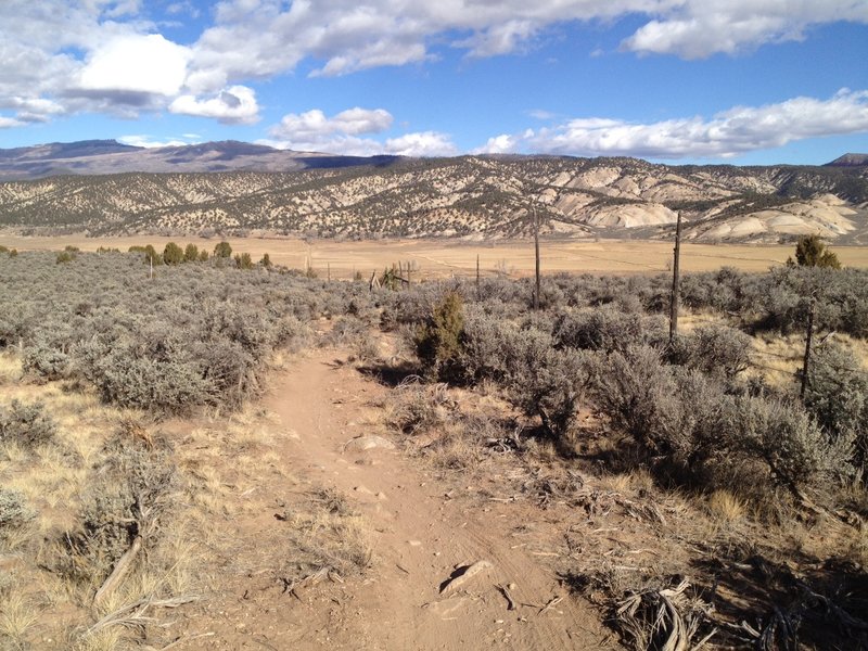 The Riddle Trail along the fence line.  Looking north with Castle Peak in the background.