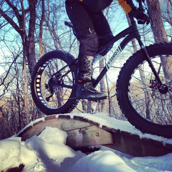 Riding the camelback obstacle in the winter.   Winter riding is a blast at Lebanon Hills.