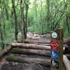 One of many log piles and rock gardens.   This is the entrance (filter) to the XX loop.   (also showing off the great signage available out on the trails)