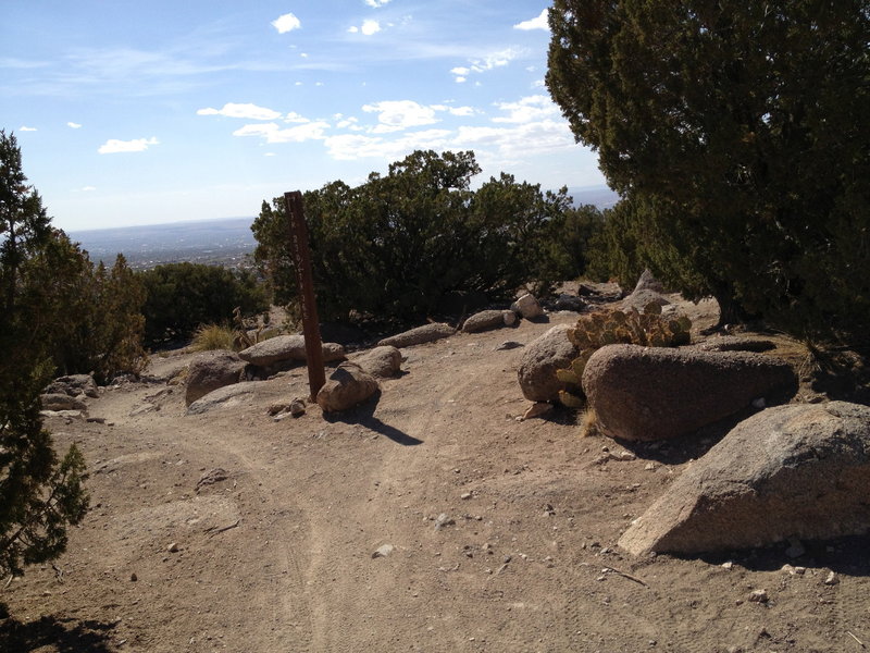 The trail split, behind you is south on Foothills Trail 365, while left is the extension to the water tower and right would take you UP the "Rocky DH" on Trail 230.