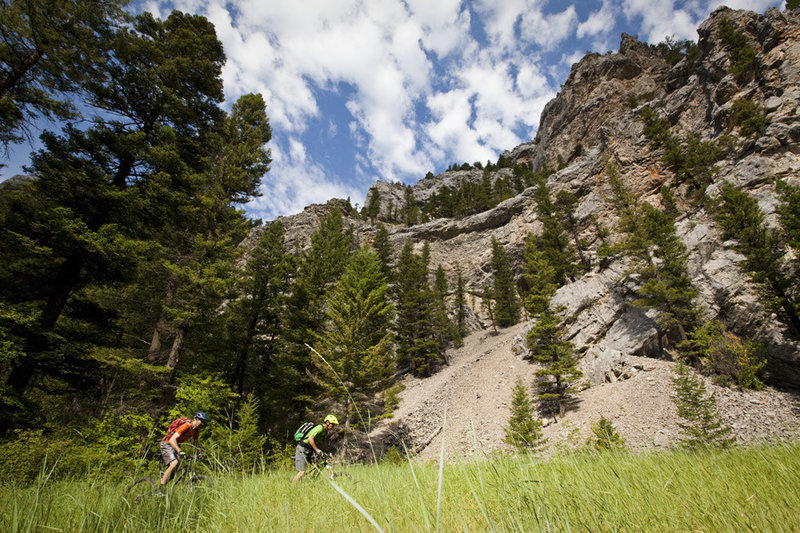 Riding below steep limestone walls in Trout Creek Canyon