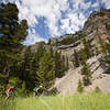 Riding below steep limestone walls in Trout Creek Canyon