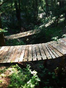 Looking down from the first bridge at the bridges below crossing the gulley