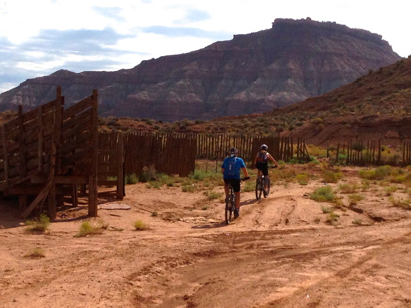 The "easy to miss" junction at the corrals.  Gooseberry Mesa is looming in the background, just begging to be ridden another day.