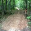 Series of ground level boardwalks and turns on Troll Loop at Michigan Tech's Tolkien Trails.