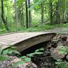 An arched bridge shared by Dragon and Troll Loops over the headwaters of Deadman's Creek at Michigan Tech Trails.