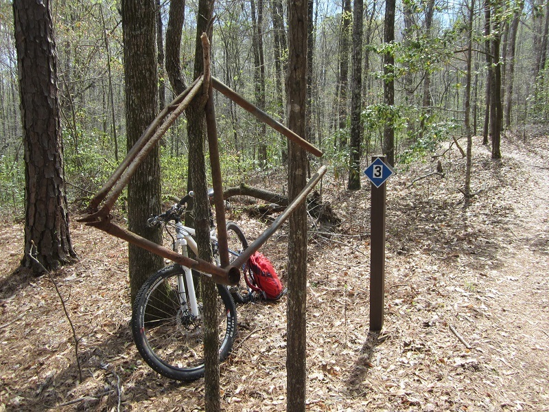 Old bike in tree. The frame was found near this spot. The "3" is one of the rescue points and there is a matching one down the hill by the lake. Due to the remoteness, the only way to get the injured out is to carry them to the nearest rescue point and have them transported across the lake by boat.