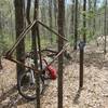 Old bike in tree. The frame was found near this spot. The "3" is one of the rescue points and there is a matching one down the hill by the lake. Due to the remoteness, the only way to get the injured out is to carry them to the nearest rescue point and have them transported across the lake by boat.