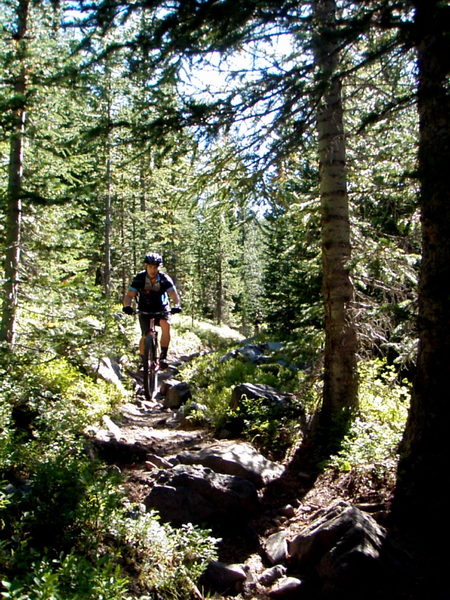 Flying down on of the many narrow, rocky sections of singletrack