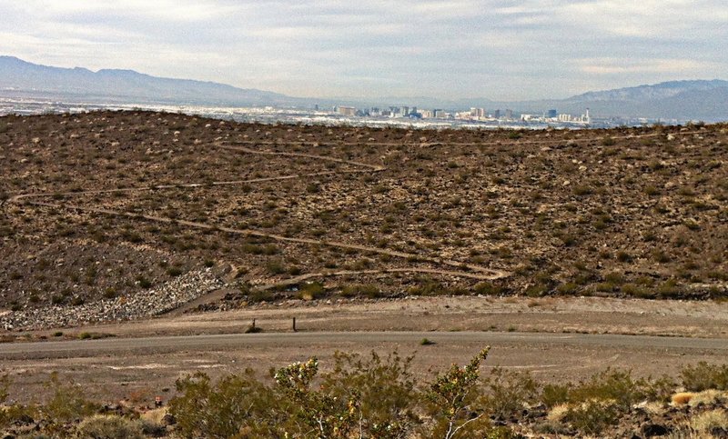 Looking back at some of the switchbacks with the Las Vegas Strip in the background