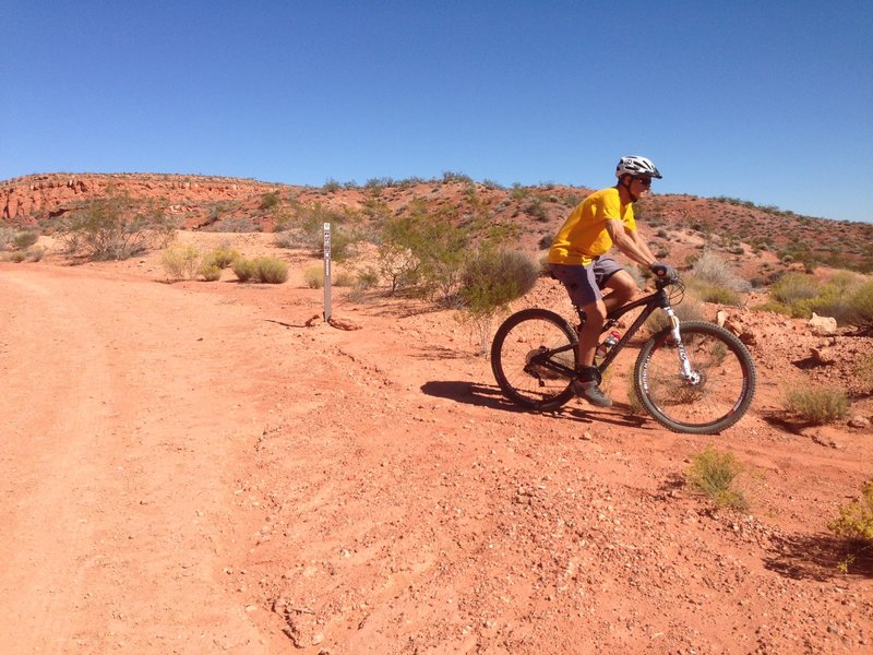 The trail junction for the singletrack leading under I-15.