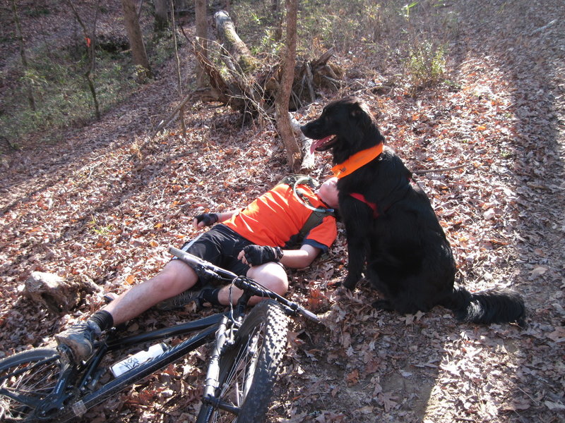 Spartacus watching over Taylor Davis as he takes a rest half way up "Charlotte's Hill of Pain" at MP 11 on the CW Trail. (fall 2011)