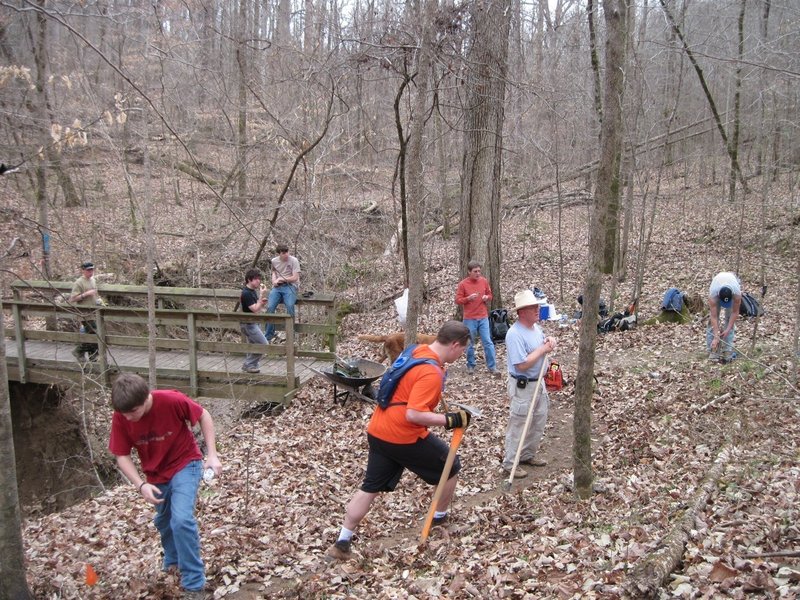 The Eagle Scout and other Boy Scouts building a reroute on the western end of the 3 Bridges Trail