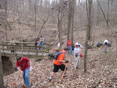 The Eagle Scout and other Boy Scouts building a reroute on the western end of the 3 Bridges Trail