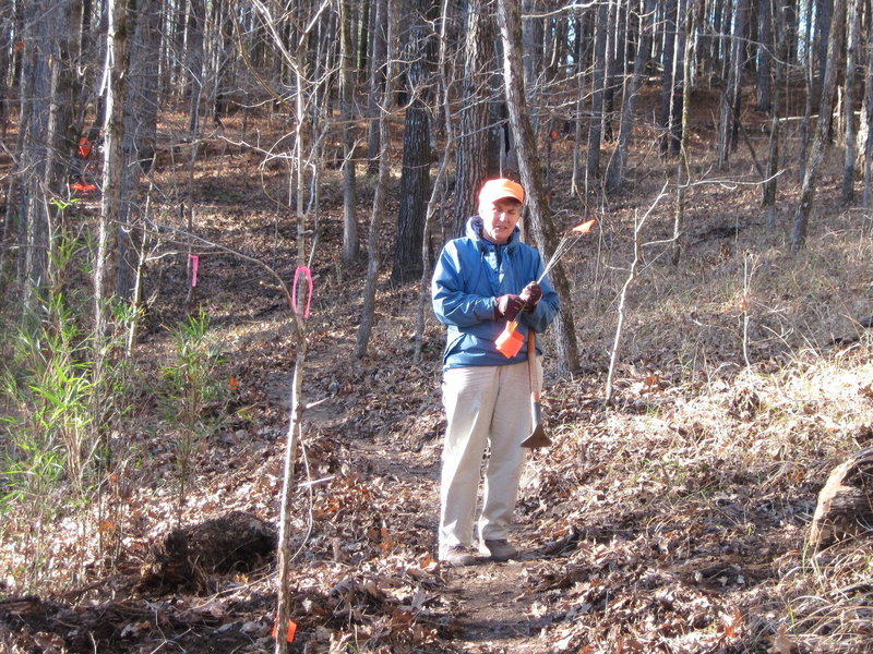 Charlotte Fuquay AKA CF at work during a workday on a reroute along the Lost Cemetery Rd. Charlotte is the reason the Noxubee Hills Trails System exists, due to her thousands of hours of trail maintenance and lobbying with the USFS, local bicycle clubs, county and city officials and IMBA.