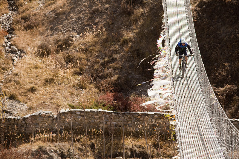 Suspension bridge crossing at the beginning of the Muktinath - Kagbeni ride.