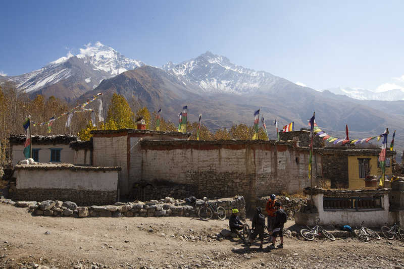 A brief stop in the village of Jhong before the descent continues on the Muktinath - Kagbeni ride.