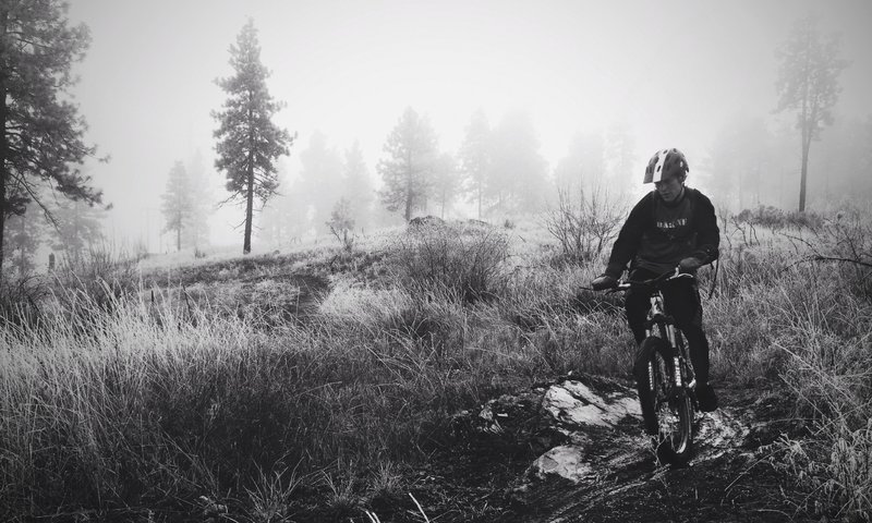 Slogging down the trail through the mud, ice, and fog.