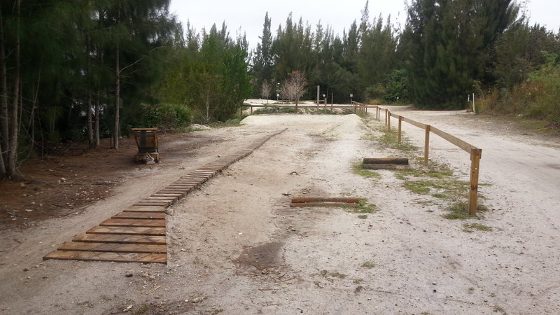 Skills Area including skinny, logovers, tabletop, berm, teeter-totter, and a mini trail in the trees.