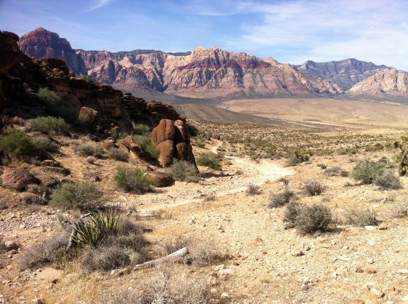 Looking back at Bunny Trail entering Fossil Canyon. Beautiful view of the mountains in Red Rock Canyon NCA.
