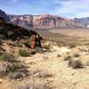 Looking back at Bunny Trail entering Fossil Canyon. Beautiful view of the mountains in Red Rock Canyon NCA.