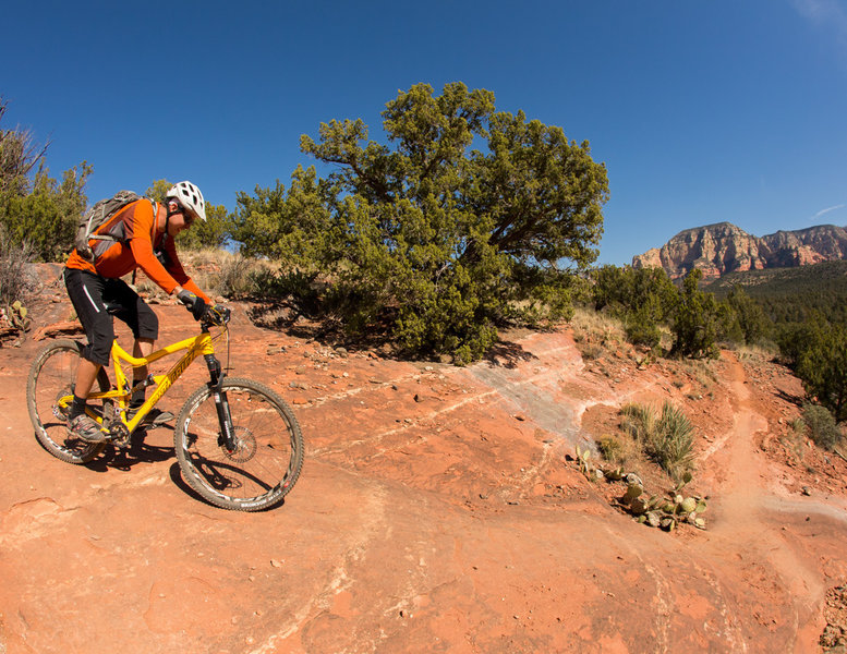 The west side of Chuckwagon climbs through some slickrock to get some great views of Dry Creek Canyon.