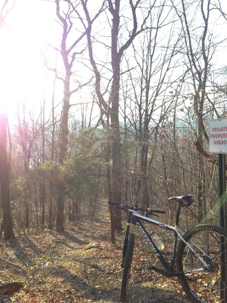 Take a left at this Private Property sign to AVOID going onto private property. If you miss this sign you'll see an actual "STOP" sign and if you miss that one you'll ride onto a resident's lawn. There is a steep initial drop with a quick right barely visible in this pic.