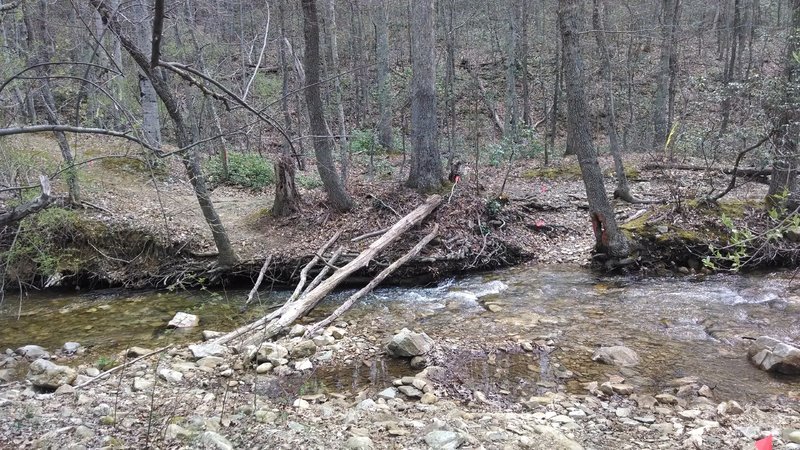 No "Turkey Pen Ridge Trail"! Creek Crossing at Mill Creek Connector/ Mill Creek trail. Trail is up and to the left, marked by orange flags